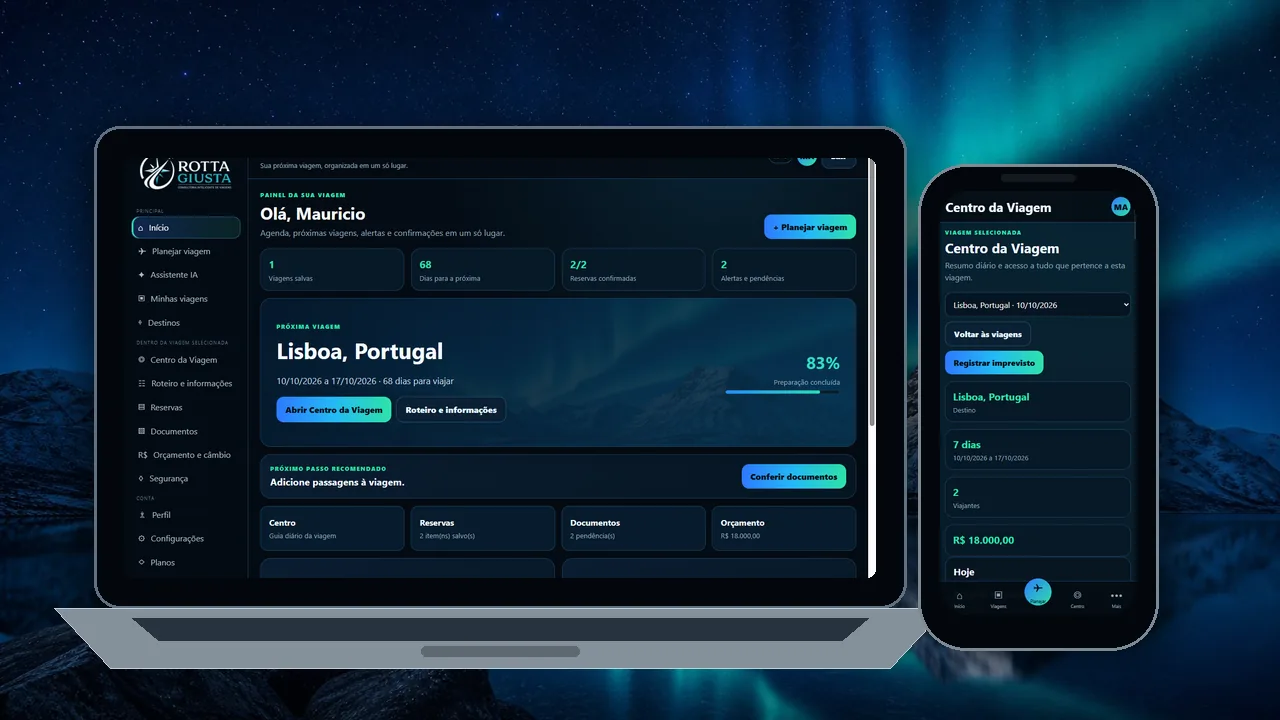 Telas reais do aplicativo Rotta Giusta Viagens em notebook e celular